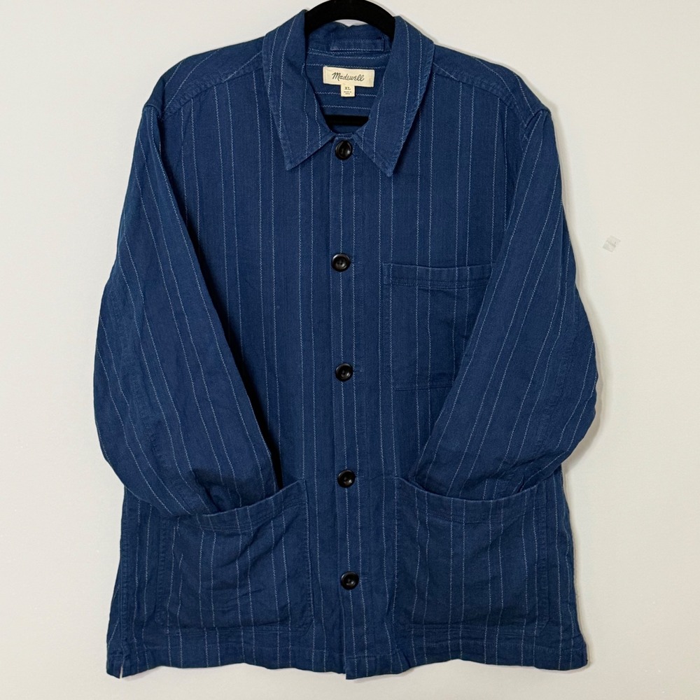 Madewell Mens Pinstripe Chore Jacket Cotton XL Blue NV660 Workwear Utility Retro